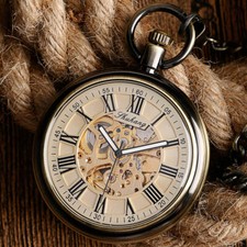 Men Automatic Mechanical Self Winding Roman Numerals Dial Open Face Pocket Watch