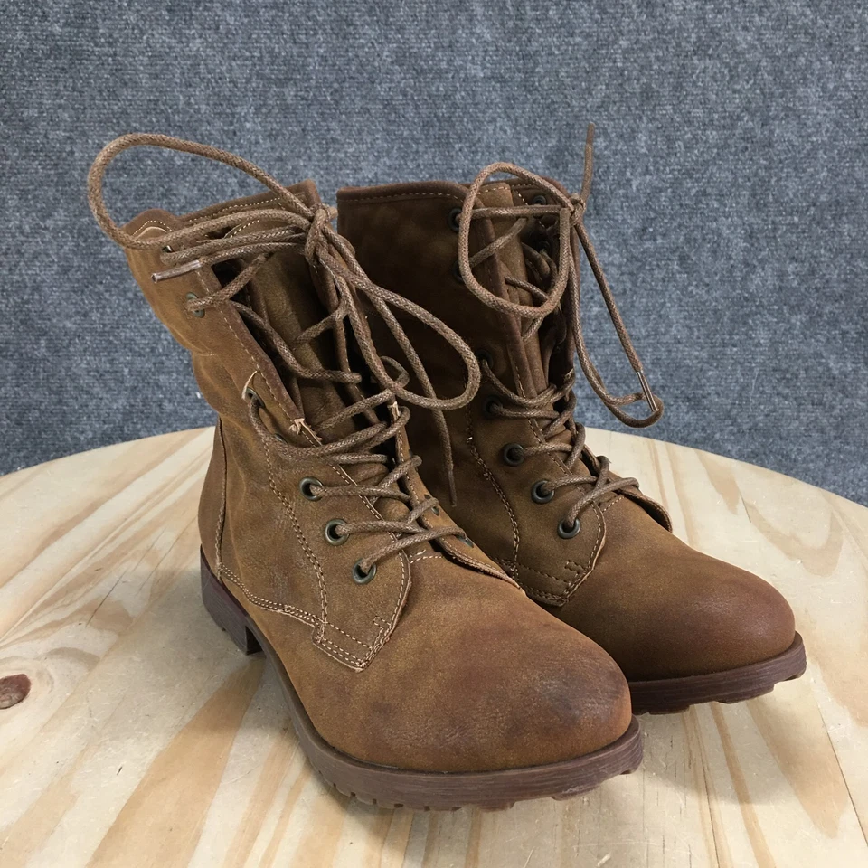 Botas Rock & Candy para mujer 7 pintura en aerosol plegables combate marrón tobillo bloque Foto 3 de 4