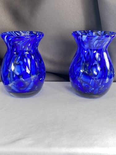 Hand Blown Beautiful Blue & White Swirled 5" Tall Art Glass Vases- Set of 2 - Picture 14 of 24