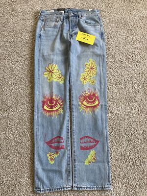Levi's 501 Original Fit Men's Jeans Painted 'Crazy Leg Love' 60's Print 29 X 32