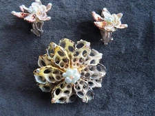 60'sVintage Florida Handmade Creations Pin Brooch & Earings Seashell&Rhinestone