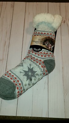 Mirabeau Thermal knit Snowflake Print gray Slippers W/Grippers Socks Sherpa  d3