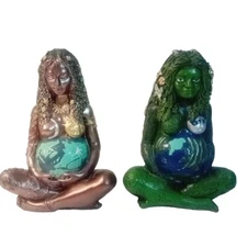 Gaia Mother Earth Goddess Figures (2) Hand-painted Resin, 7", Very Detailed, VGC