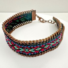 Vintage 90s Bronze Tone Geometric Pattern Cuff Bracelet Chain Women's Jewelry