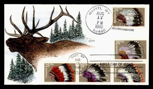 DR WHO 1990 FDC INDIAN HEADDRESS COLLINS HAND COLORED CACHET DUAL CANCEL M75315