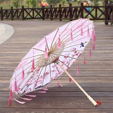 Cloth Parasol Umbrella 82cm Long Handle Silk Tassel Hanfu Cosplay Photo Prop