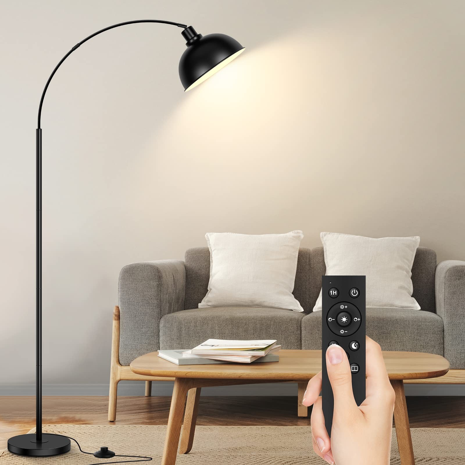 Modern Arc Floor Lamp for Living Room with Remote Control, Tall Standing Light in Steel Finish