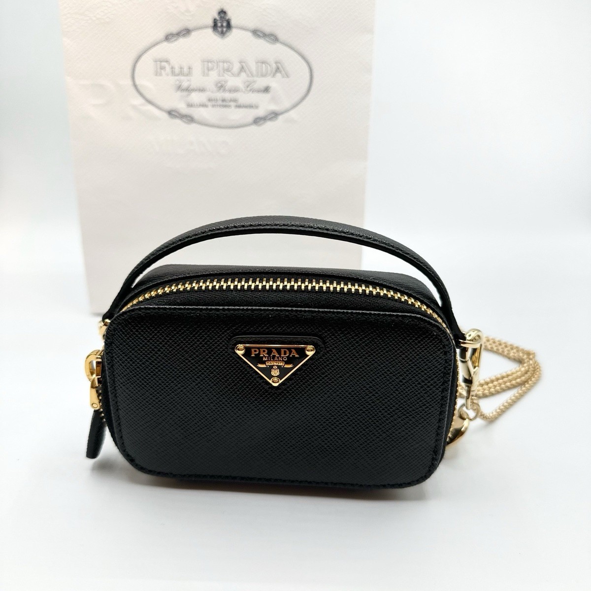 NEW Prada Bag Black & Gold Saffiano Leather Mini Micro  display picture 3