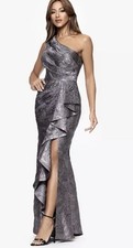 Xscape Gunmetal Metallic Ruffle One-Shoulder Jacquard Mermaid Gown Size 6