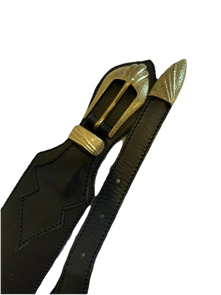 Cinturón Italiano De Colección Cuero Genuino Negro Dorado Hebilla Estilo Occidental Talla 85/35" #K3 Foto 3 de 4