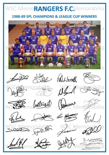 12884. 1988-89 Glasgow Rangers Signed Team Photo Sheet PRINTED AUTOS A4 Double