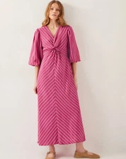 Monsoon Stella Stripe Twist-Front Maxi Dress Pink Puff Sleeve V-Neck Size L New
