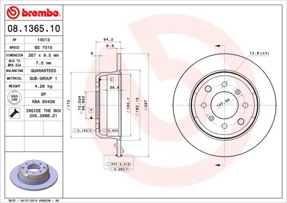 Disque de frein Brembo 08.1365.10 pour la rénovation de l'essieu arrière Alfa Romeo