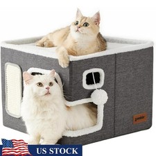 Durable Cozy Cat Bed W/ Scratching Board Spacious Indoor Pet Hideout Cave New