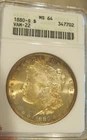 1880 S Morgan Silver Dollar - Old ANACS holder, MS 64, VAM-22, gold toning 5079