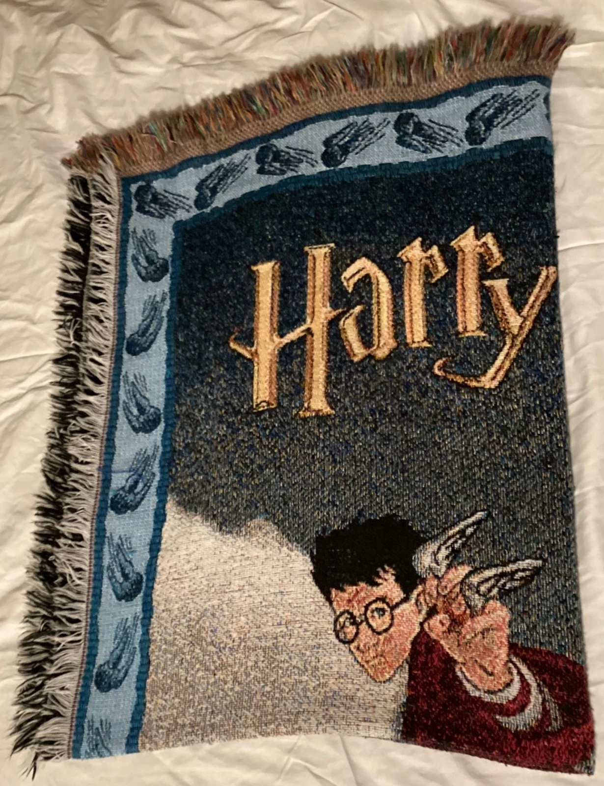 Vintage Harry Potter Throw Blanket Quidditch Hand Woven Fringed Warner Bros 2000