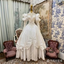 Vintage Victorian Wedding Dresses High Neck Long Sleeves with Bow Bridal Gowns