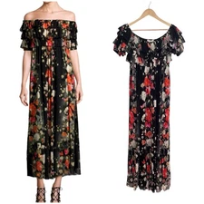 FUZZI Black Floral Mesh Tulle Off the Shoulder Midi Dress Medium