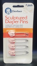 Vintage GERBER Pink Stainless Steel Diaper Pins w/Safety-Lock Heads 4 Pack