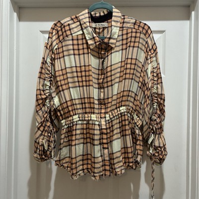 We The Free Womens Peach Brown Plaid Released Trim Button-Down Top Shirt L