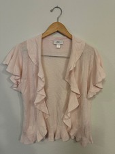LOFT Light Pink Linen Cotton Ruffle Trim Open Cardigan Women's S