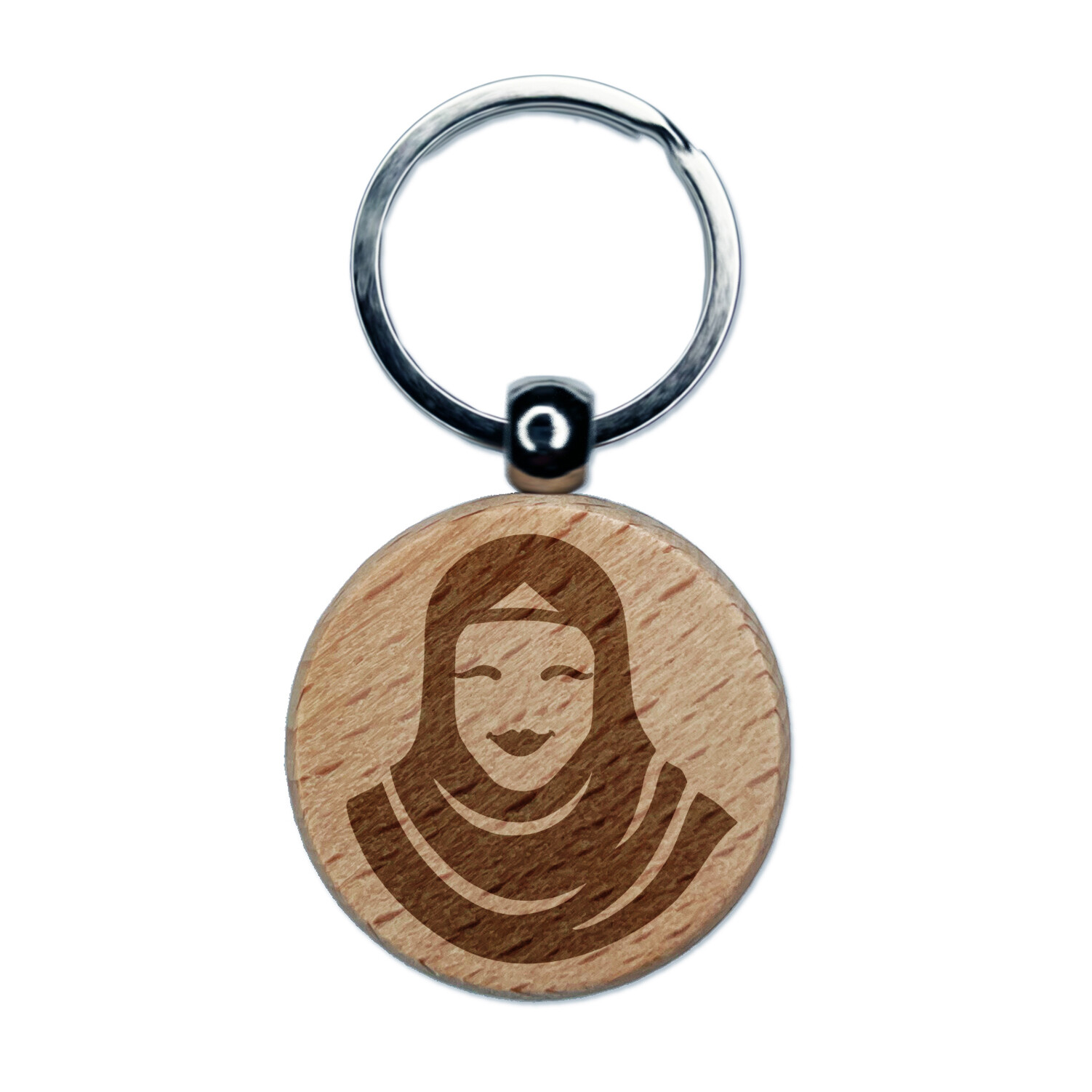 Hijab Muslim Woman Engraved Wood Round Keychain Tag Charm