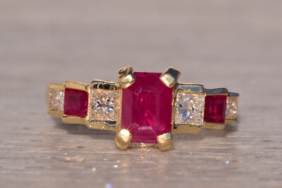 Emerald Cut Ruby and Natural Diamond Ring in Yellow Gold