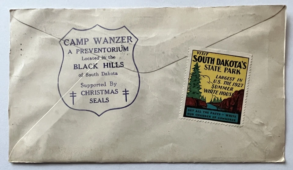 1932 SD CAMP WANZER BLACK HILLS HEALTH CAMP TB CUBIERTA CON SELLO DE NAVIDAD EN LA PARTE POSTERIOR Foto 2 de 3