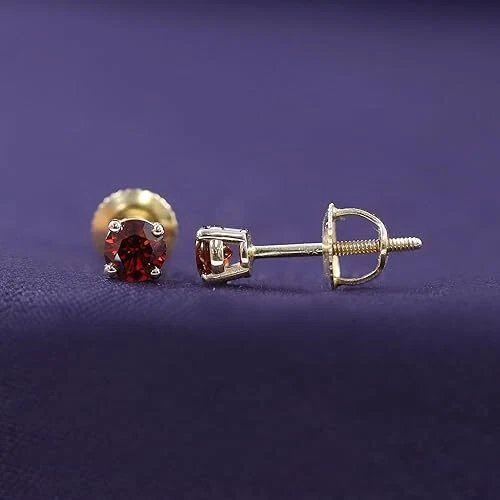 Solitaire 4-Prong Screw Back Stud Earrings Red Lab Grown Diamond in 14k Gold - Image 3 of 4