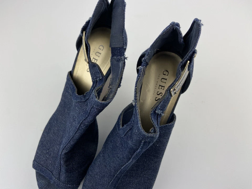 Guess Blue Denim Wedge Sandals Shoes Women 9M Peep Toe Dress Heel - Image 2 of 4