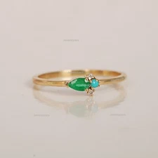 5x3mm Pear Emerald & Turquoise, Diamond Cluster Band Ring 14k Gold Stack Ring