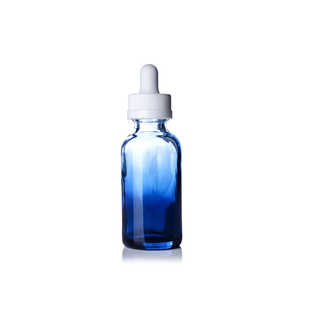 1oz Glass Blue Shaded Glass Bottles. New with White Glass Pipette Dropper Top.