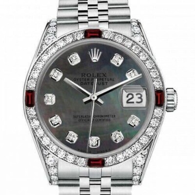 Rolex Datejust 31 mm Black Mother Of Pearl Dial Diamond & Ruby Bezel 68274