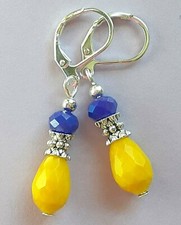 YELLOW TEARDROP  ROYAL BLUE crystal drop earring SP LEVERBACK artisan EV XX