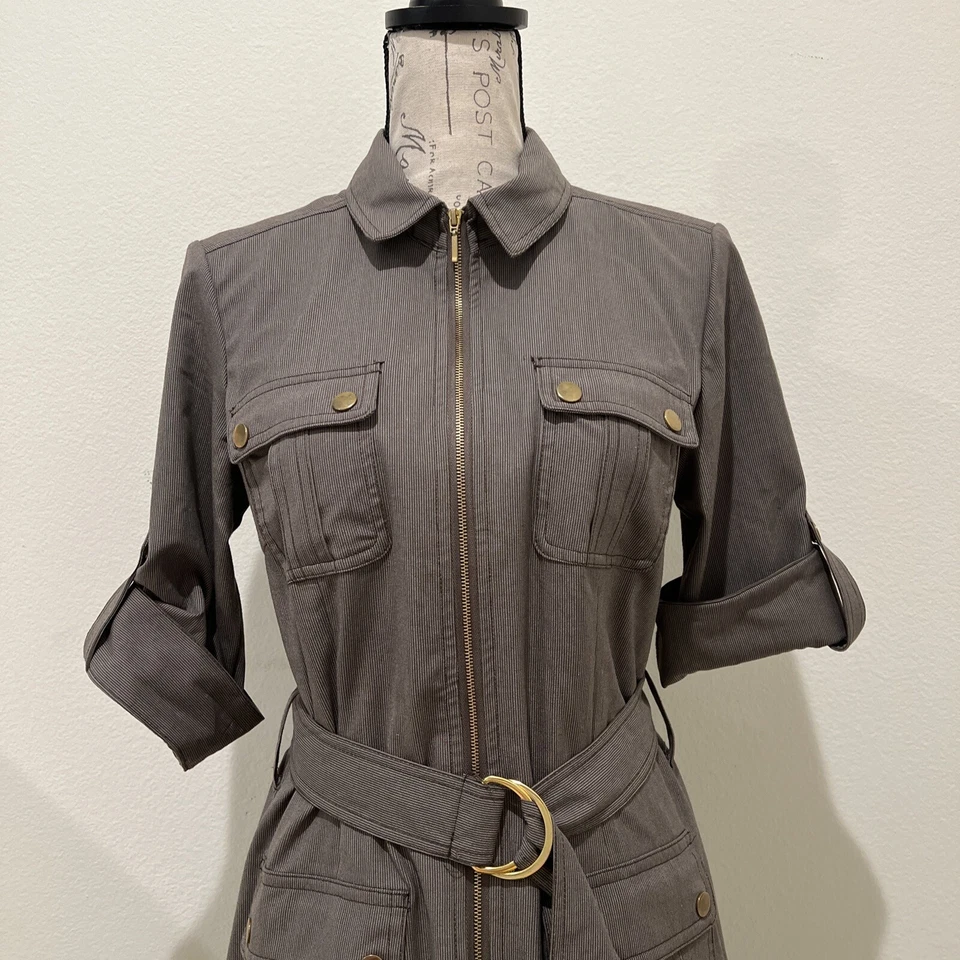 Vestido elástico SHARAGANO para mujer talla 8P pequeño, mangas con lengüeta enrollable, bolsillos, cinturón Foto 3 de 4