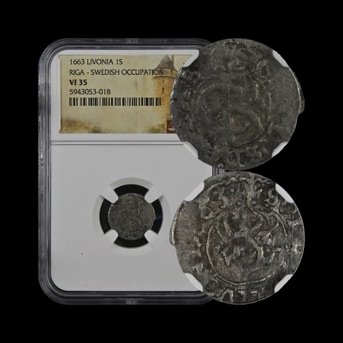 LIVONIA. 1663, 1 Solidus, Silver - NGC VF35 - Carl XI, Sweden, Riga, Griffin