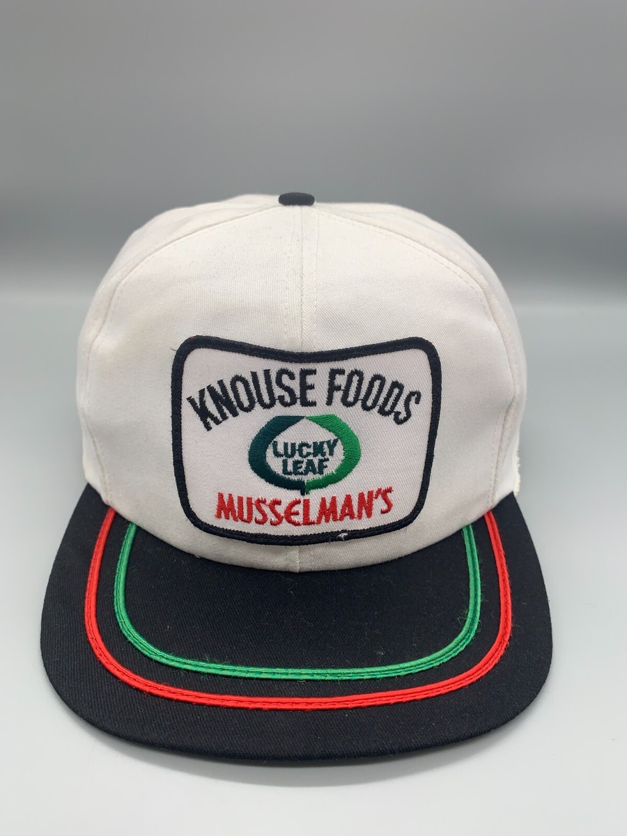 VINTAGE Trucker Hat Cap Snap Back White Knouse Foods Lucky Leaf Musselmans Mens