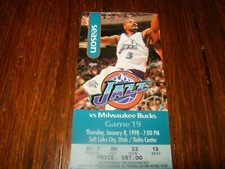 Utah JAZZ Vs. Milwaukee BUCKS Ticket Stub      KARL Malone 39 PTS!     1/8/1998