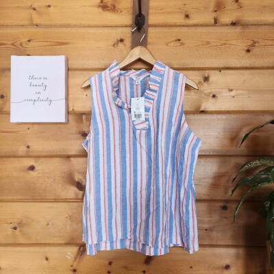 Crown & Ivy NWT Ruffle Neck Popover Striped Linen Blend Blouse Top  Preppy Sz XL