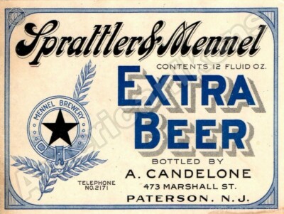 Sprattler & Mennel Extra Beer NEW Metal Sign: A. Candelone Brew., Paterson, NJ