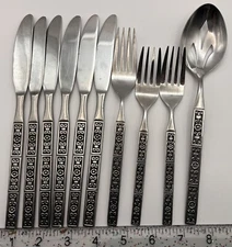 Vintage Continental Stainless Flatware Serving Lot Flower Scroll 10 Pc MCM Japan