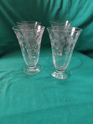 Floral Etched Glass Footed Iced Tea Glasses Set of 4