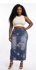 PLUS SIZE DENIM JEAN STRETCH FLOWER EMBROIDERED MAXI SKIRT LRG XL 2XL