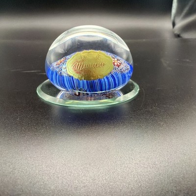 Murano Millefiori Art Glass Paperweight Blue Floral Italy w/ Label