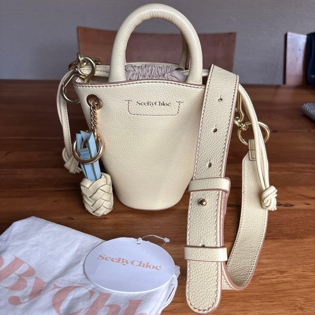 See By Chloe Leather Mini Bucket Bag Crossbody Ivory Gold Hardware