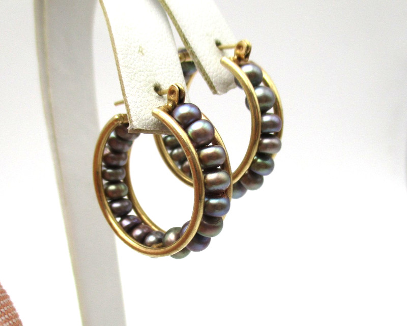14K Yellow Gold Gray Silver Pearl Hoop Earrings 6.9 Gr [E382]