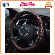 Crocodile Grain Leather Car Steering Wheel Cover Universal Fit Brown 15 Inch