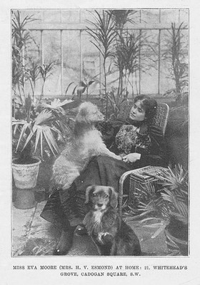 EVA MOORE Schauspielerin zu Hause Whitehead's Grove, Cadogan Square - antiker Druck 1899