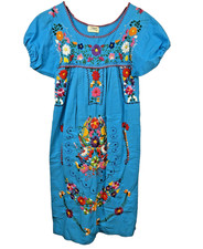 Mexican Embroidered Dress blue Floral Boho Cotton Folk Art Midi Medium Resort