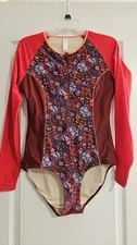 Coolibar Womens Half Zip Long Sleeve Swimsuit Size Large UPF 50+ Red Floral 